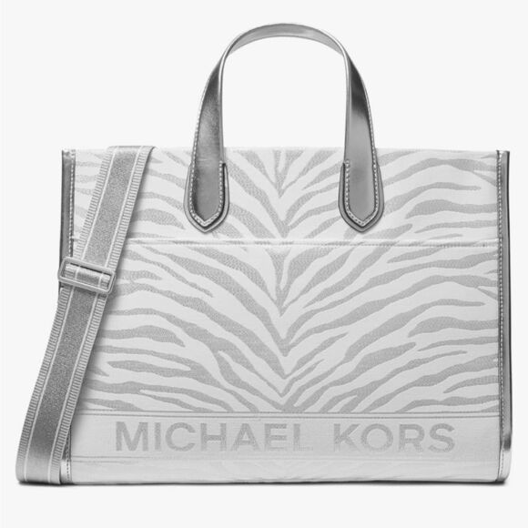 Michael Kors Silver Metallic Gigi Zebra Print Large Grab Tote Bag purse NWT - Picture 2 of 16